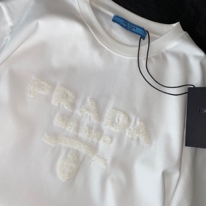 Replica Womens Clothing Prada Embroidery White Cotton T Shirt SML A154PP280 AA178402