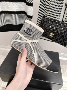 Chanel CC Logo Flat Boot Shoes Beige 
