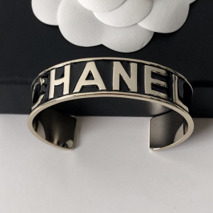 Chanel Monogram Logo Open Cut Bracelet Black 