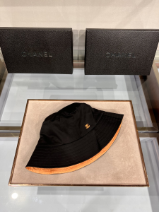 Replica Womens Hats Chanel CC Logo Black Cotton Bucket Cap Hat A190PP100 AA182207