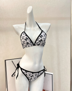 Chanel White CC Logo Cotton Swimsuit Bikini 