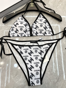 Replica Free Gift Chanel White CC Logo Cotton Swimsuit Bikini SML A123PP105 AA182322