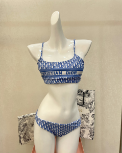 Dior Oblique Cotton Swimsuit Bikini Blue 