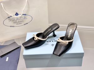 Replica Womens Shoes Prada Bow Satin Heeled Mule in Black 35 To 41 A151PP480 AA182345