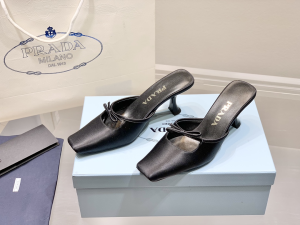 Prada Bow Satin Heeled Mule Black 