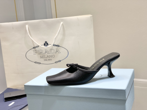 Replica Womens Shoes Prada Bow Satin Heeled Mule in Black 35 To 41 A151PP480 AA182347