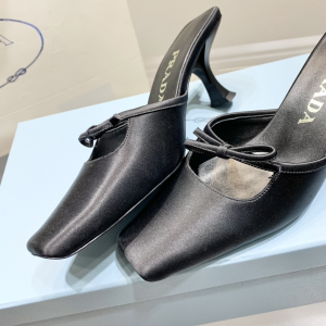 Replica Womens Shoes Prada Bow Satin Heeled Mule in Black 35 To 41 A151PP480 AA182347