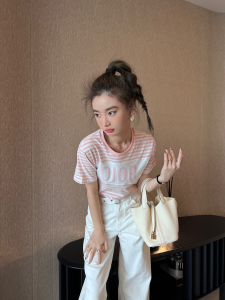 Replica Womens Clothing Dior Pink White Stripes Cotton T Shirt SML A154PP280 AA182666