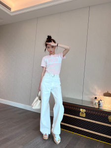 Replica Womens Clothing Dior Pink White Stripes Cotton T Shirt SML A154PP280 AA182666