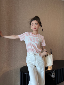 Replica Womens Clothing Dior Pink White Stripes Cotton T Shirt SML A154PP280 AA182666