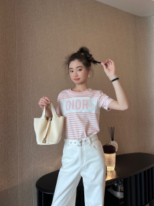 Replica Womens Clothing Dior Pink White Stripes Cotton T Shirt SML A154PP280 AA182666