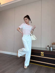 Replica Womens Clothing Dior Pink White Stripes Cotton T Shirt SML A154PP280 AA182666