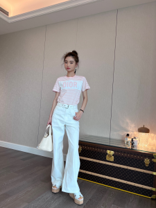 Replica Womens Clothing Dior Pink White Stripes Cotton T Shirt SML A154PP280 AA182666