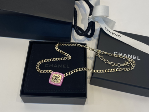 Chanel Gold Pink Black Crystal Chain Necklace 