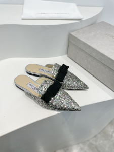 Jimmy Choo Silver Glitter Mules Bow 