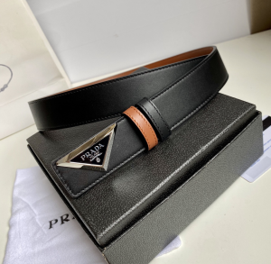 Prada Triangle Logo Black Leather Belt 35MM 