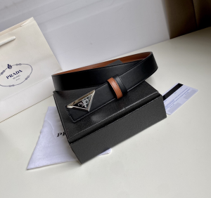 Replica Womens Belts Prada Triangle Logo Black Leather Belt 35MM A175PP240 AA183790