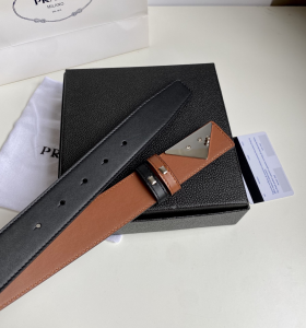 Replica Womens Belts Prada Triangle Logo Black Leather Belt 35MM A175PP240 AA183790