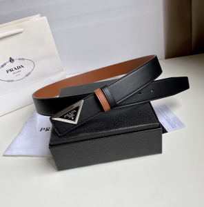 Replica Womens Belts Prada Triangle Logo Black Leather Belt 35MM A175PP240 AA183790