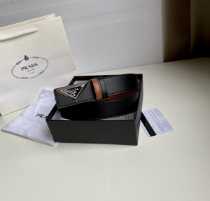 Replica Womens Belts Prada Triangle Logo Black Leather Belt 35MM A175PP240 AA183790