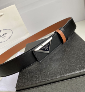 Replica Womens Belts Prada Triangle Logo Black Leather Belt 35MM A175PP240 AA183790