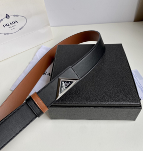 Replica Womens Belts Prada Triangle Logo Black Leather Belt 35MM A175PP240 AA183790