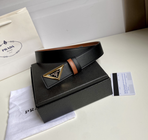 Replica Womens Belts Prada Triangle Logo Black Leather Belt 35MM A175PP240 AA183791