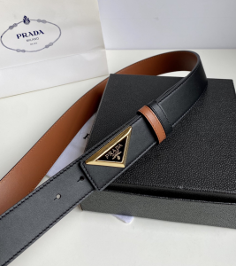 Replica Womens Belts Prada Triangle Logo Black Leather Belt 35MM A175PP240 AA183791