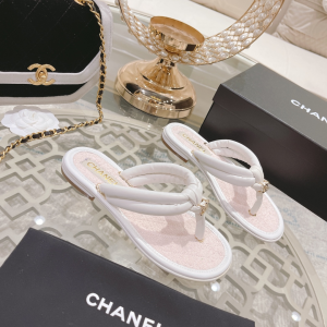 Chanel 2022 White Leather Thong Sandal 