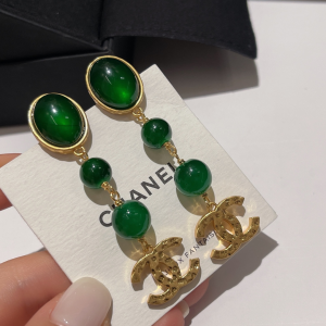 Chanel Gold CC Logo Pendant Earrings Green 