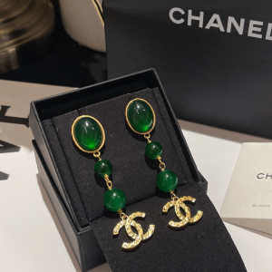 Replica Womens Jewelry Chanel Gold CC Logo Pendant Earrings Green A173PP280 AA184797