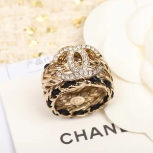 Chanel Crystal CC Gold Chain Leather Rings 