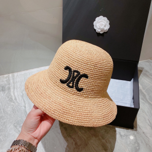 Replica Womens Hats Celine Natural Raffia Triomphe Bucket Hat A190PP280 AA186243