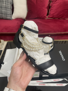 Chanel CC Pearls Black Leather Sandals 