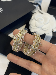 Chanel Crystal CC Pink Leather Chain Earrings 