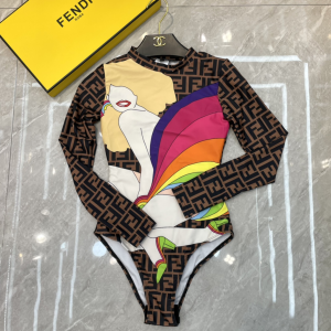 Fendi FF Logo Body Tulle Swimsuit Bikini Brown 