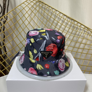 Prada Black Nylon Bucket Hat Flowers 