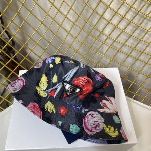 Replica Womens Hats Prada Black Nylon Bucket Hat with Flowers A190PP180 AA188026