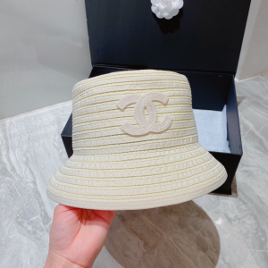 Chanel White CC Logo Raffia Bucket Hat 