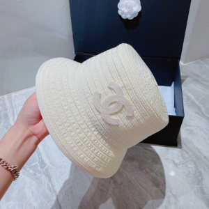 Replica Womens Hats Chanel White CC Logo Raffia Bucket Hat A190PP180 AA188393