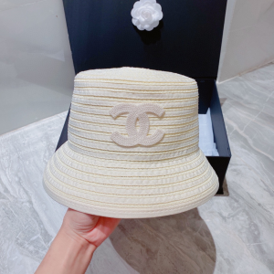 Replica Womens Hats Chanel White CC Logo Raffia Bucket Hat A190PP180 AA188393