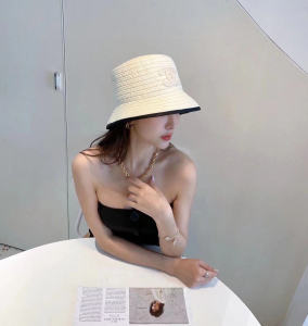 Replica Womens Hats Chanel White CC Logo Raffia Bucket Hat A190PP180 AA188393