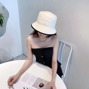 Replica Womens Hats Chanel White CC Logo Raffia Bucket Hat A190PP180 AA188393