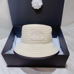 Chanel White CC Logo Raffia Bucket Hat 