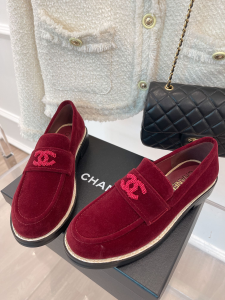 Chanel CC Log Red Suede Leather Loafers 