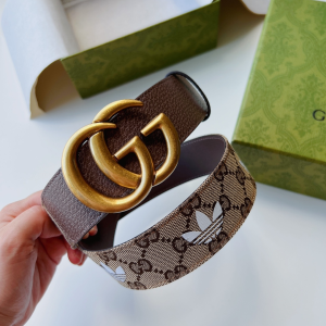 Adidas x Gucci Double G Buckle Belt Trefoil Print Brown Leather and GG Supreme Canvas 40MM Adidas x Gucci Double G Buckle Belt Trefoil Print Brown Leather and GG Supreme Canvas 40MM
