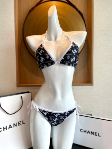 Chanel CC Logo Cotton Swimsuit Bikini Black 