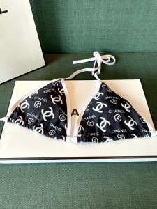 Replica Free Gift Chanel CC Logo Cotton Swimsuit Bikini Black SML A123PP100 AA189297
