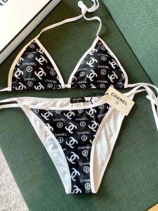Replica Free Gift Chanel CC Logo Cotton Swimsuit Bikini Black SML A123PP100 AA189297