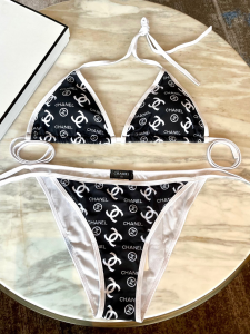Replica Free Gift Chanel CC Logo Cotton Swimsuit Bikini Black SML A123PP100 AA189297